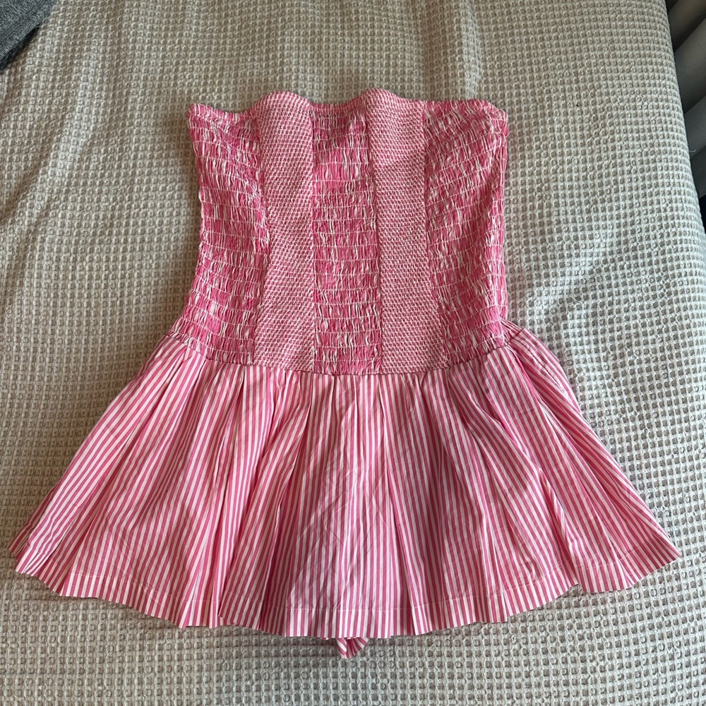 Pink and white striped strapless romper